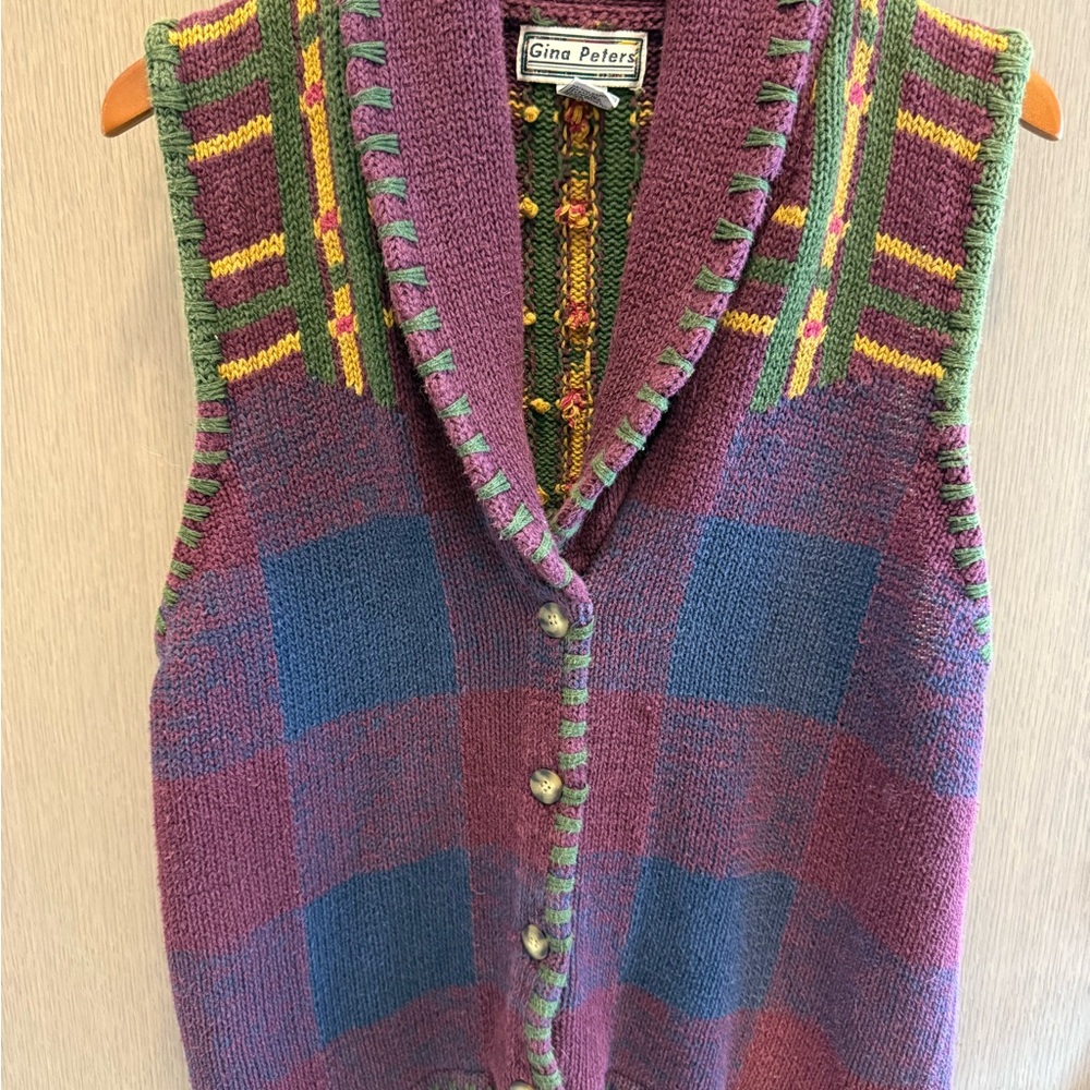 Vintage Gina Peters Knit Vest - Women’s Size L - Boho Ramie Cotton Sweater Vest